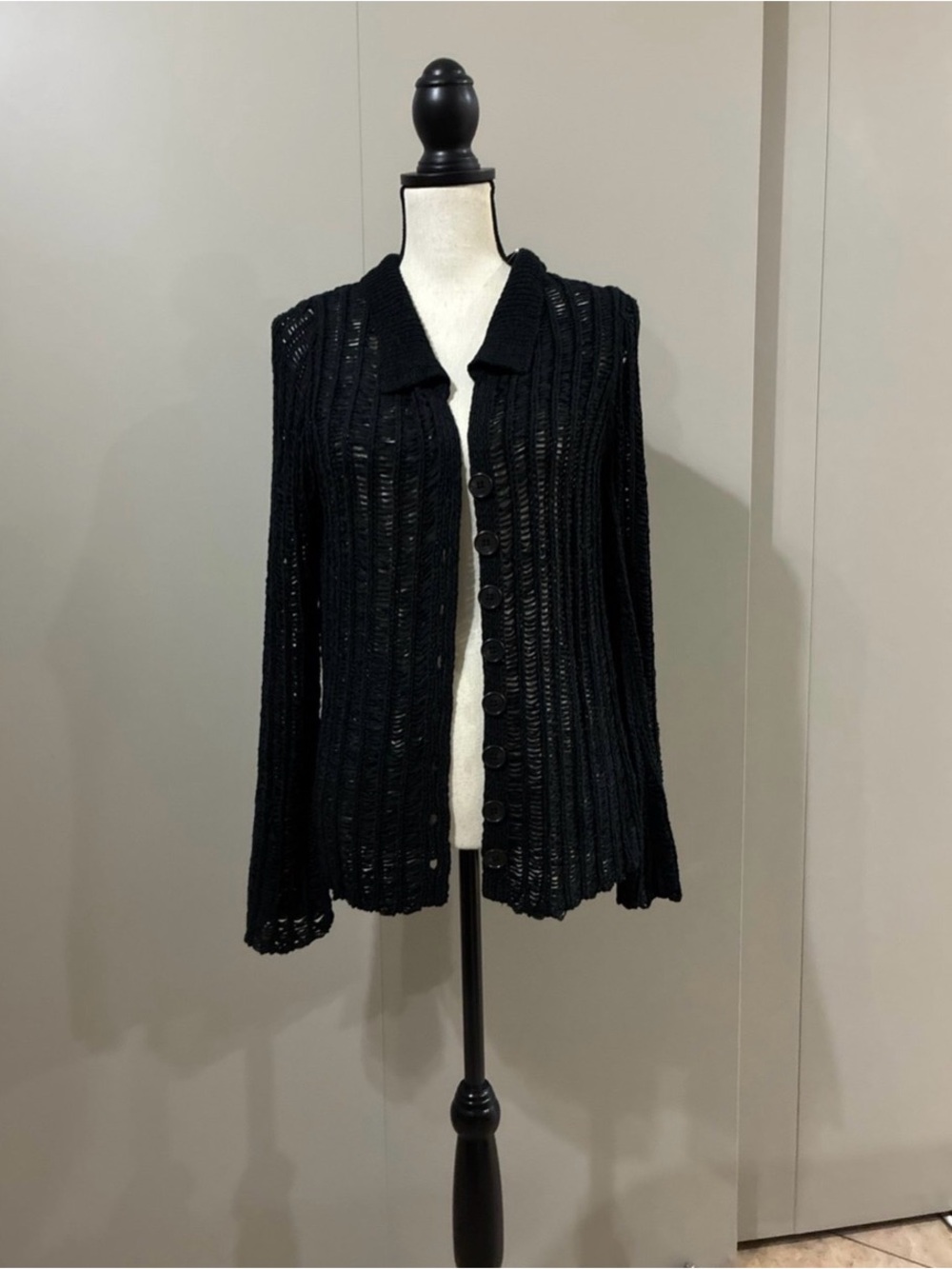 Black Open-Knit Button Cardigan Sweater - Women